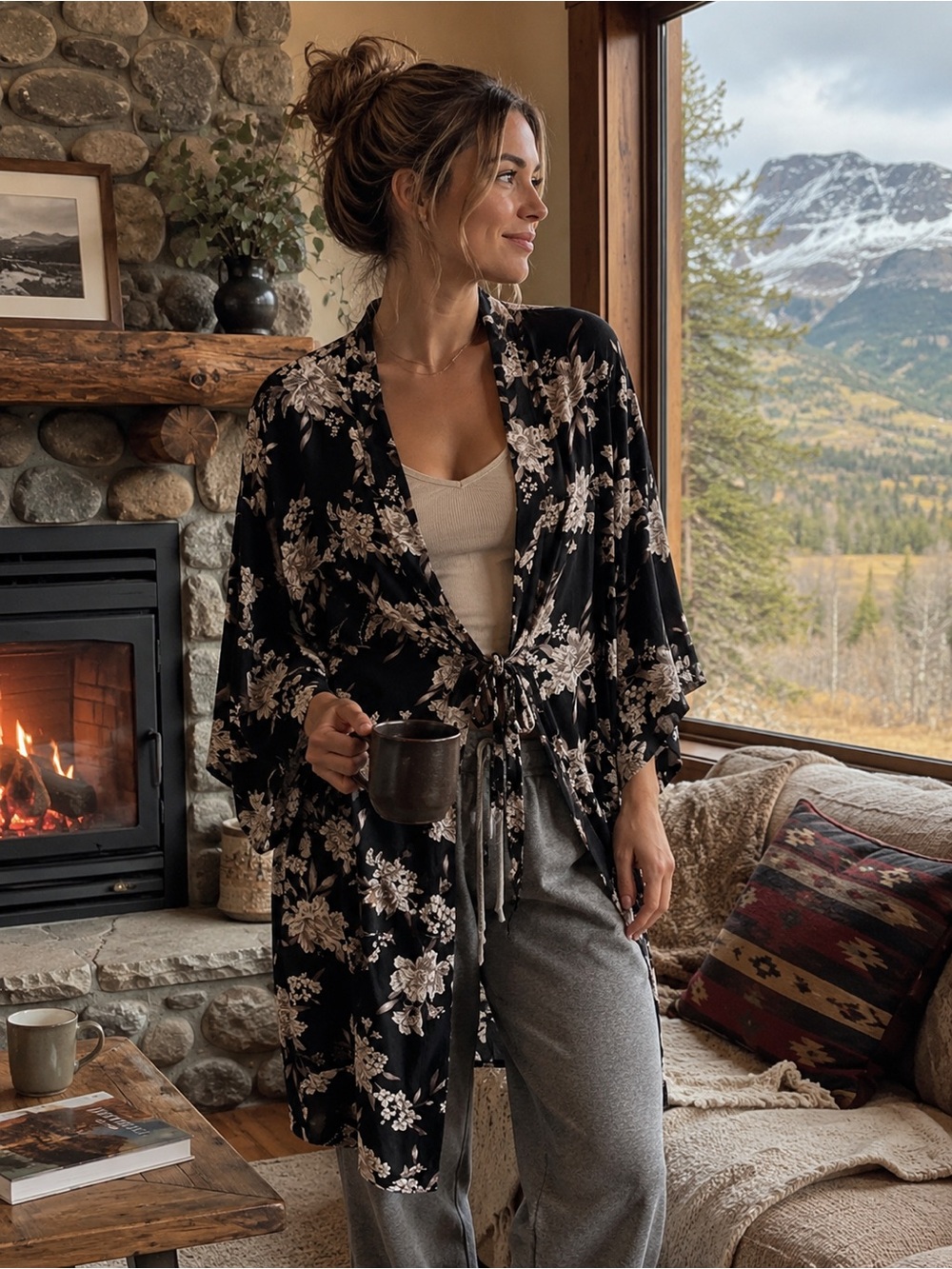 Spiritual Gangster Black Floral Tie-Front Kimono Robe